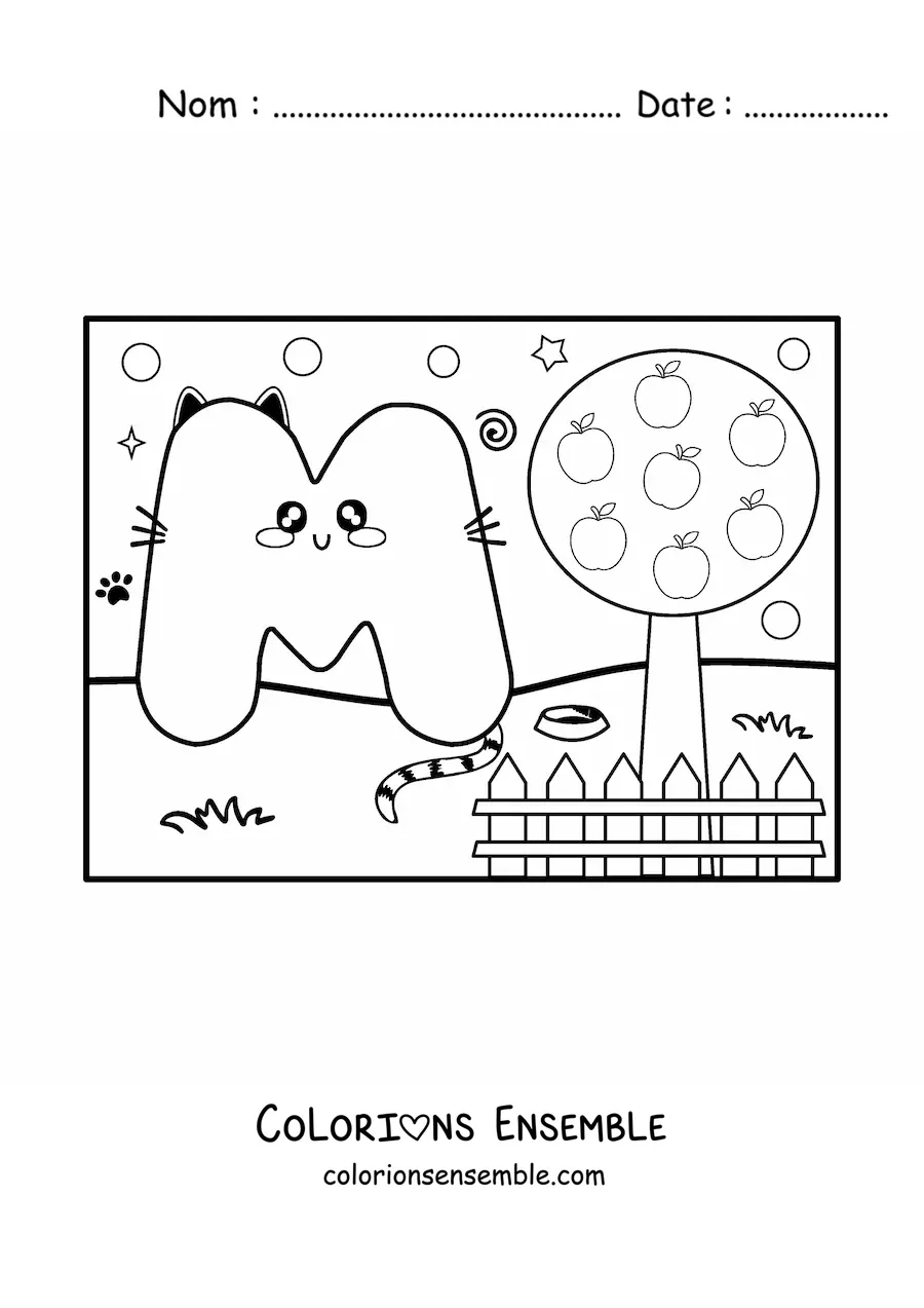 Image à colorier de la lettre M animée en forme de chat dans le parc