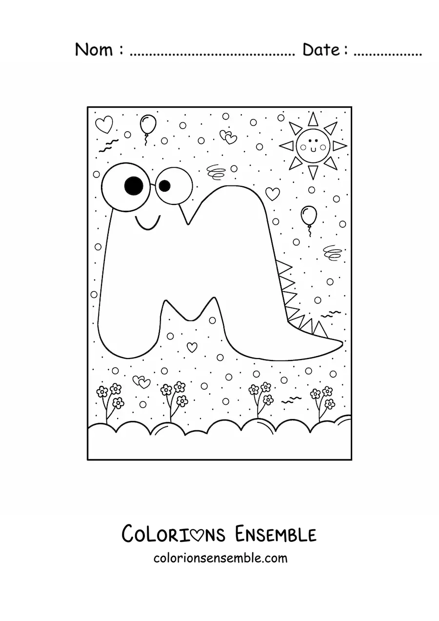 Image à colorier de la lettre M animée en forme de monstre de dessin animé