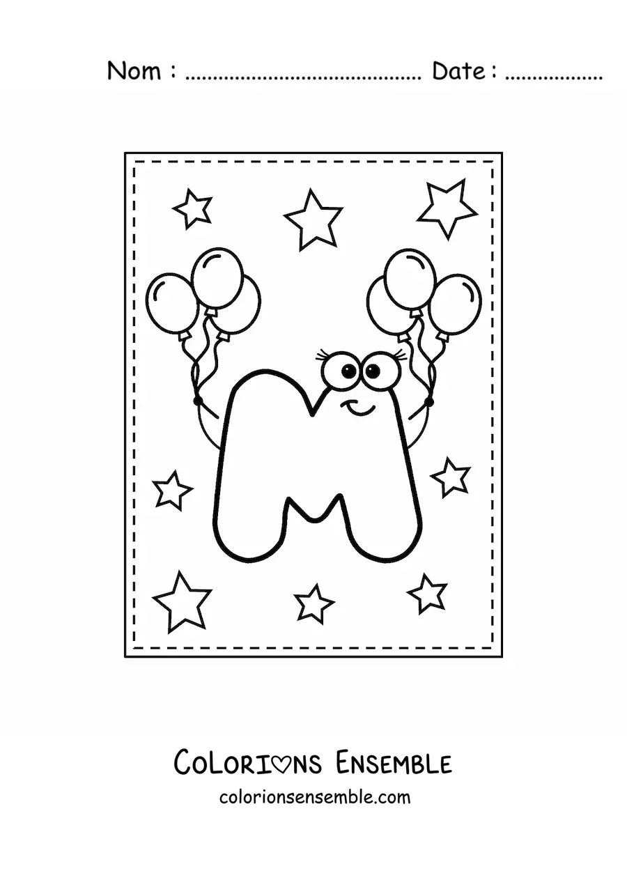 Image à colorier de la lettre M majuscule animée avec des ballons