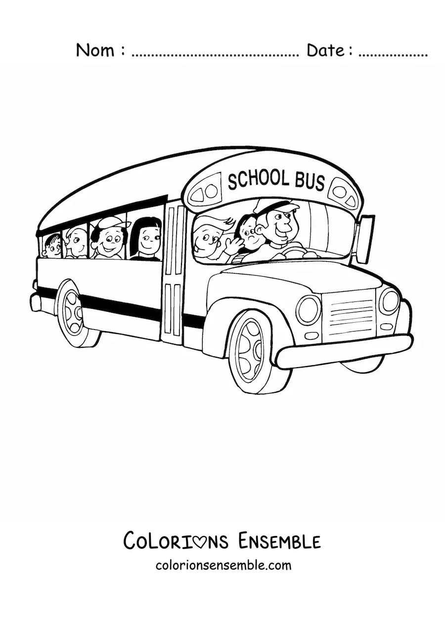 Image à colorier d'un autobus scolaire avec son chauffeur et des élèves