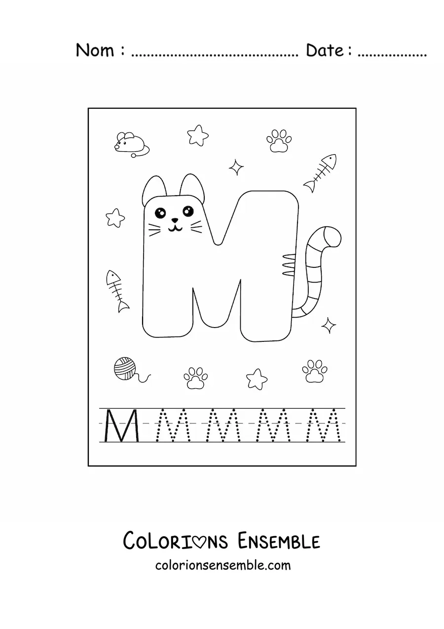 Image à colorier de la lettre M animée en forme de chat
