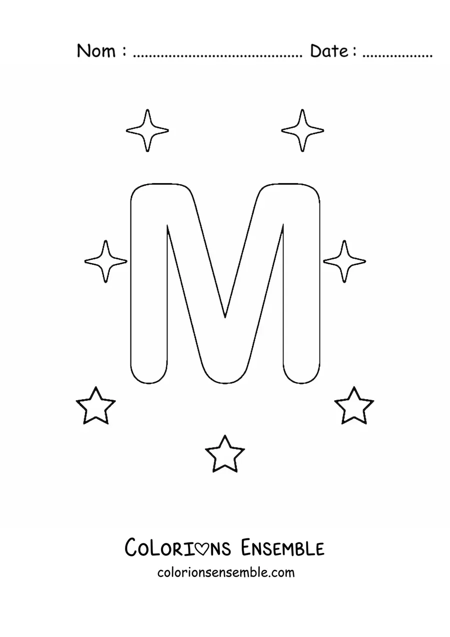 Image à colorier de la lettre M majuscule avec des étoiles