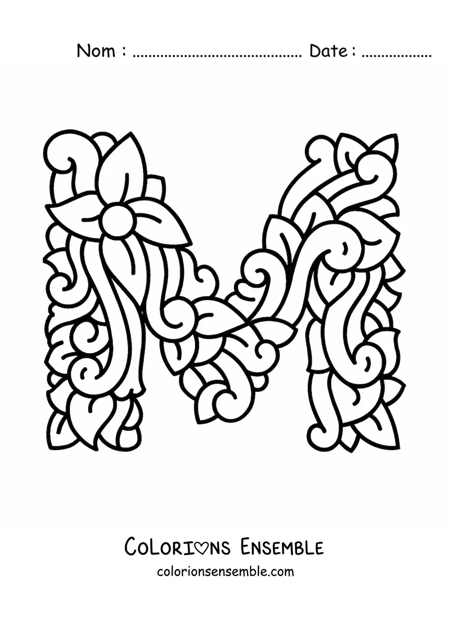 Image à colorier de la lettre M majuscule décorée