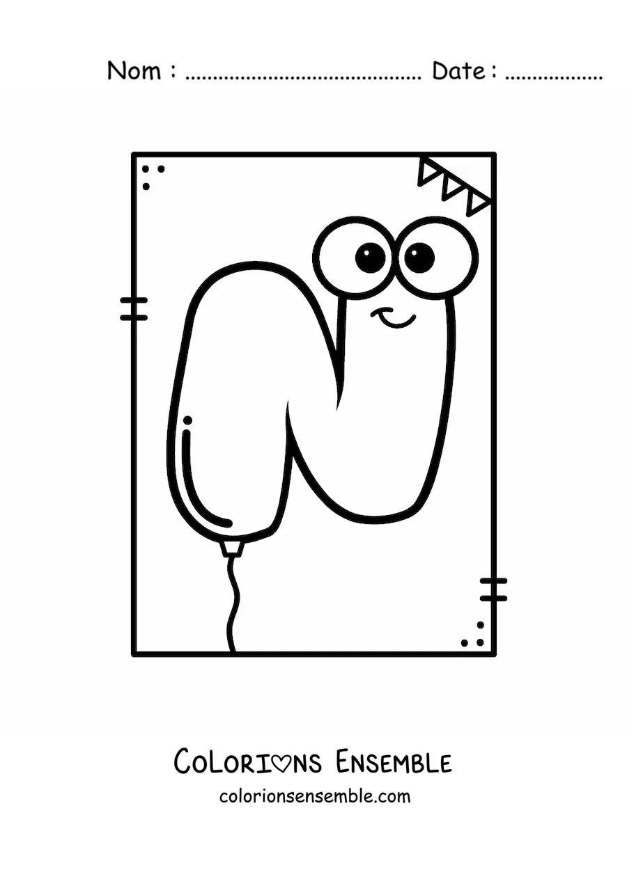 Image à colorier de la lettre N animée en forme de ballon