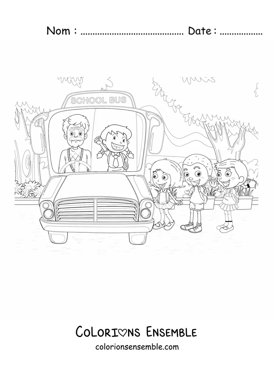Image à colorier de plusieurs élèves montant dans le transport scolaire