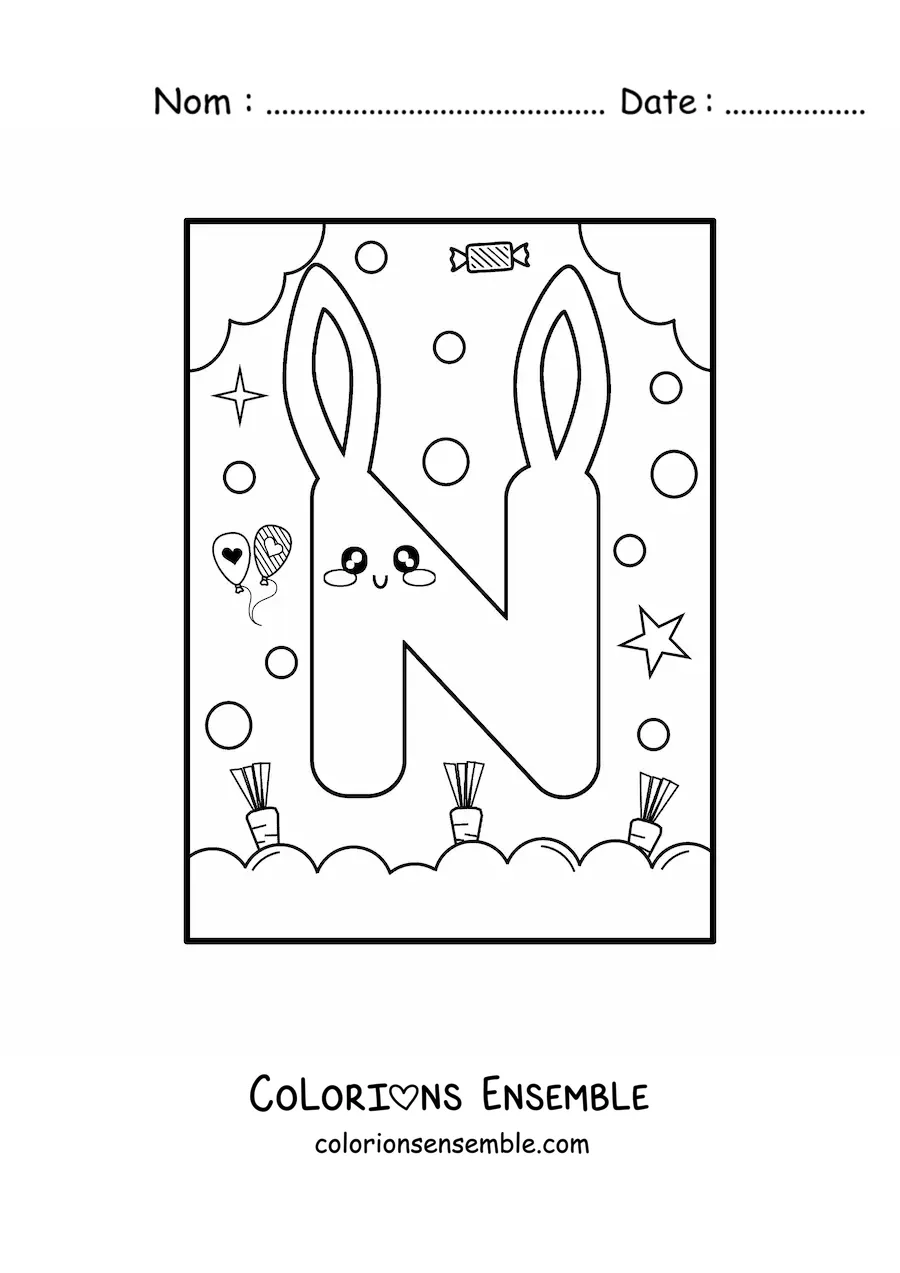 Image à colorier de la lettre N en forme de lapin kawaii animé
