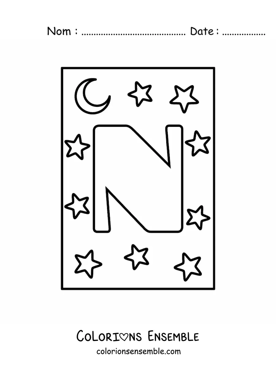 Image à colorier de la lettre N majuscule avec des étoiles et une lune