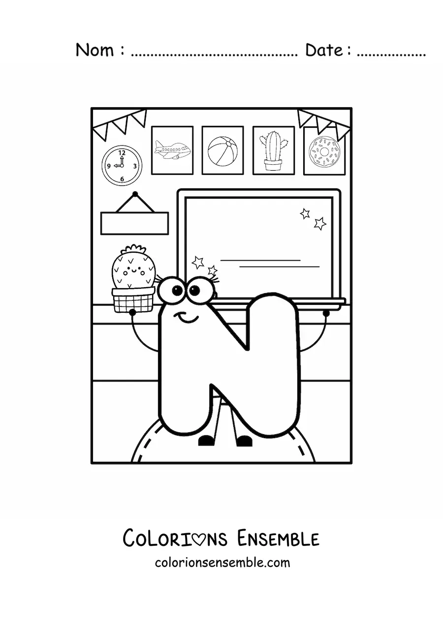 Image à colorier de la lettre N animée à l’école
