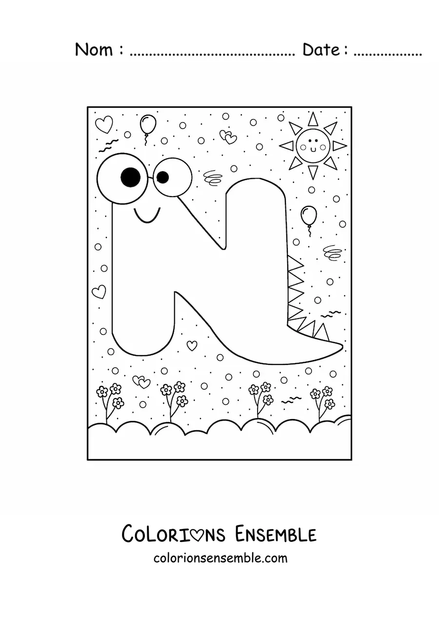 Image à colorier de la lettre N animée en forme de monstre de dessin animé