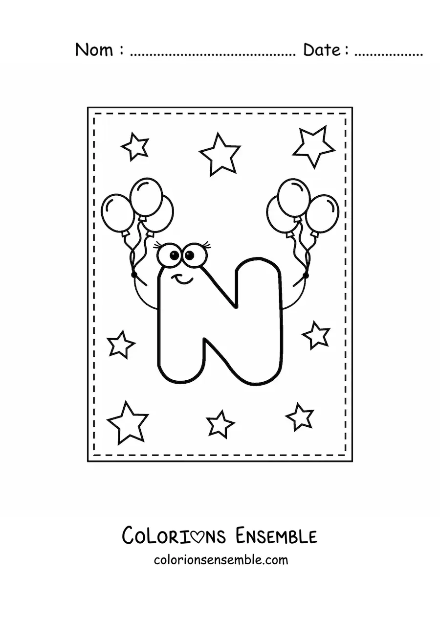 Image à colorier de la lettre N majuscule animée avec des ballons