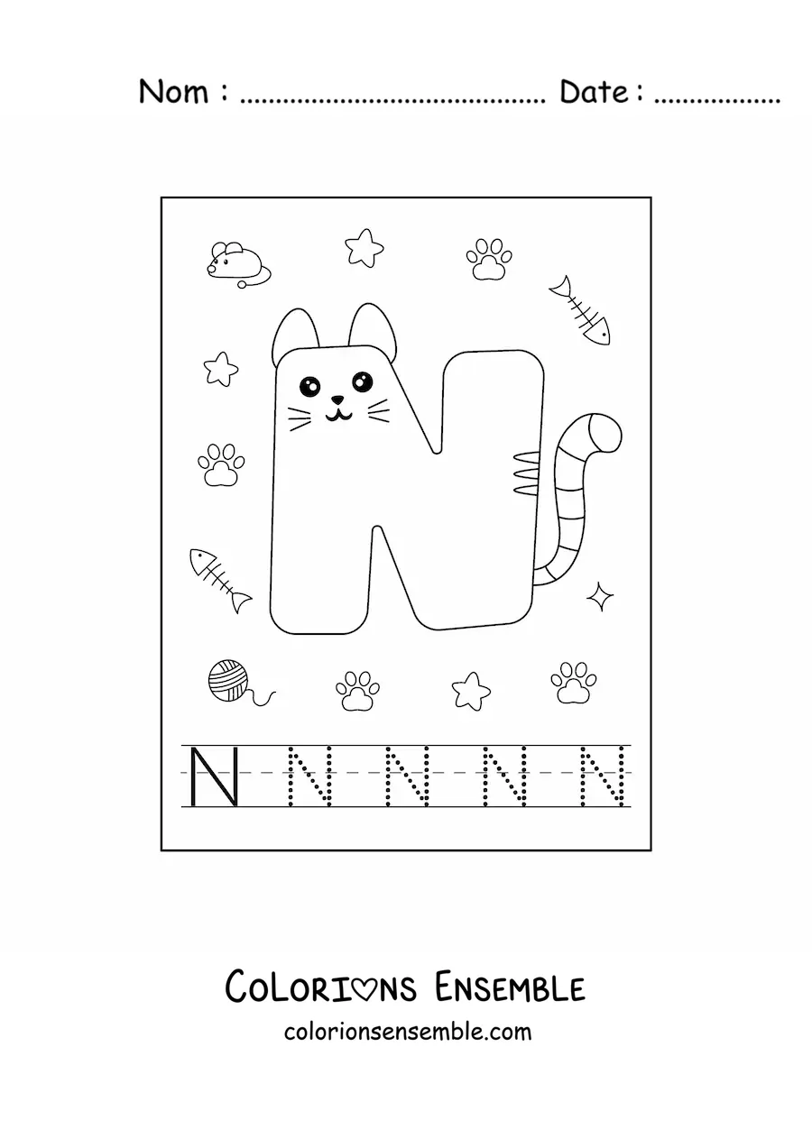 Image à colorier de la lettre N animée en forme de chat