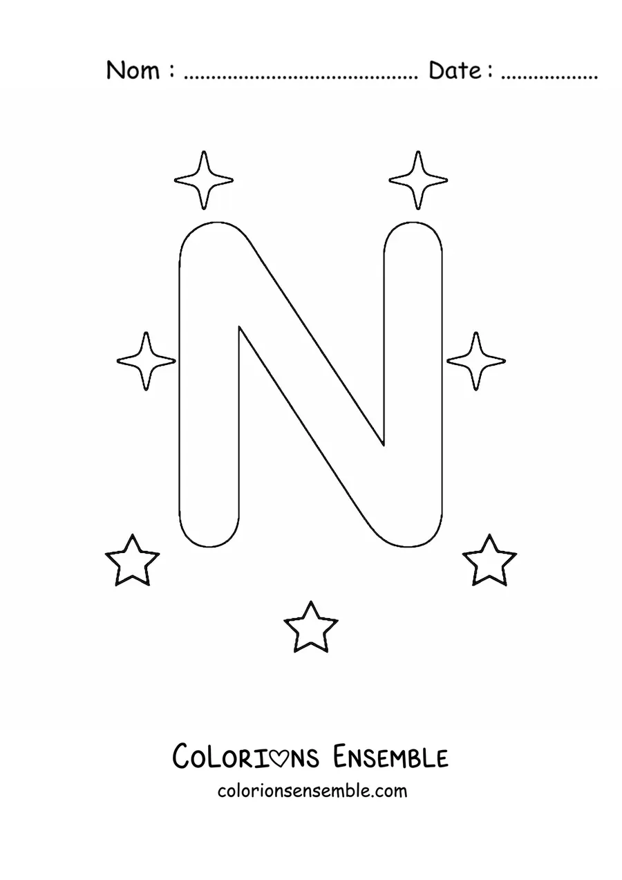 Image à colorier de la lettre N majuscule avec des étoiles