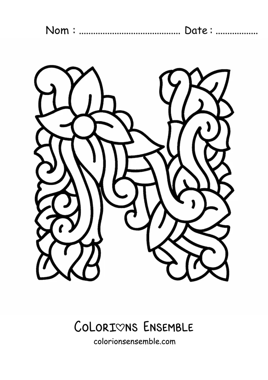 Image à colorier de la lettre N majuscule décorée