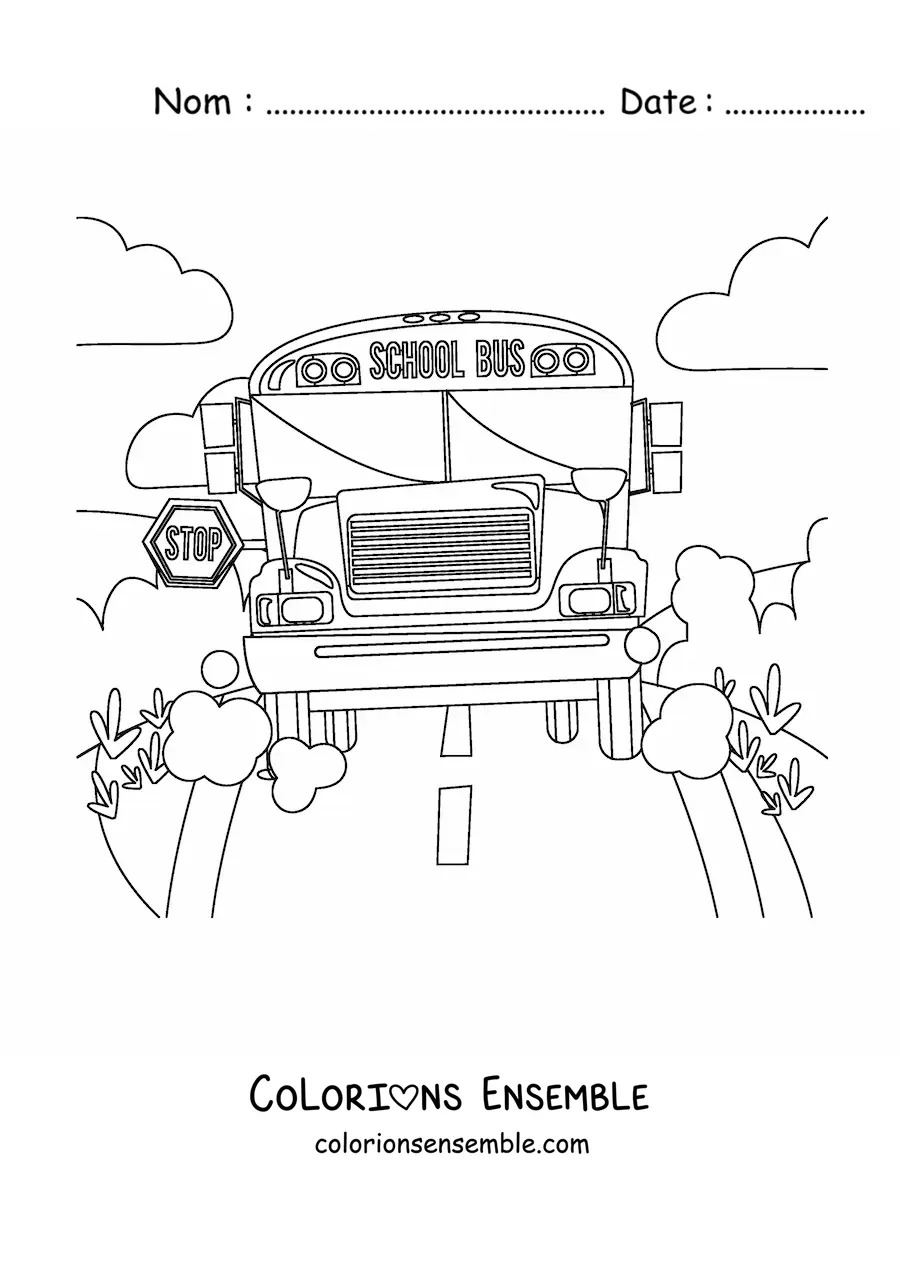 Image à colorier de la vue de face d'un autobus scolaire