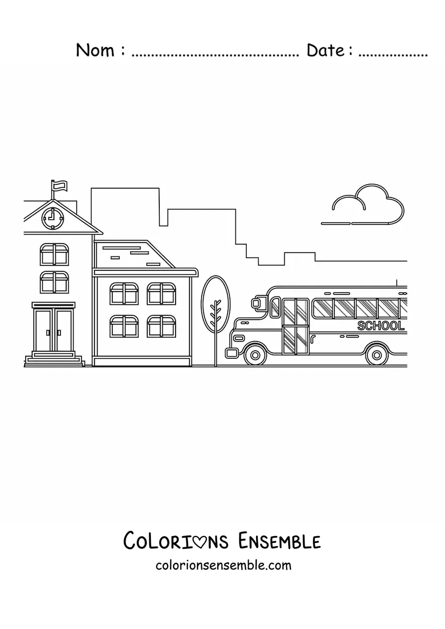 Image à colorier d'un autobus scolaire garé à côté d'une école