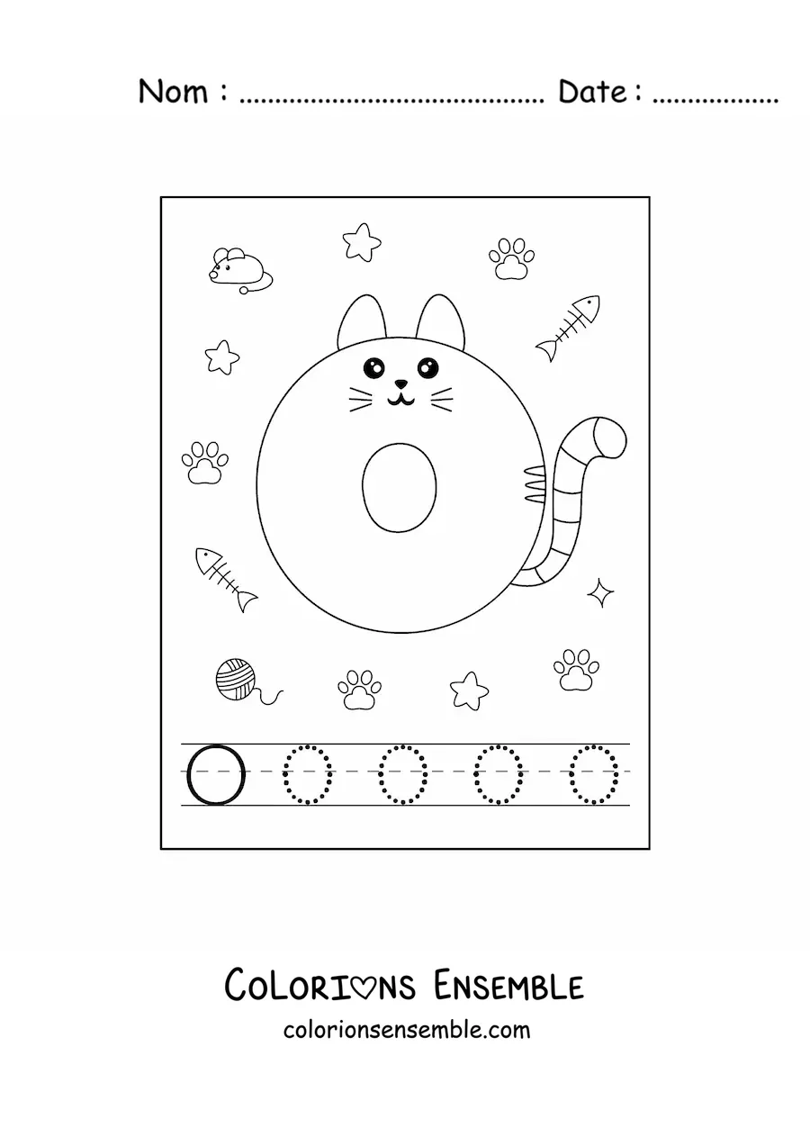 Image à colorier de la lettre O animée en forme de chat