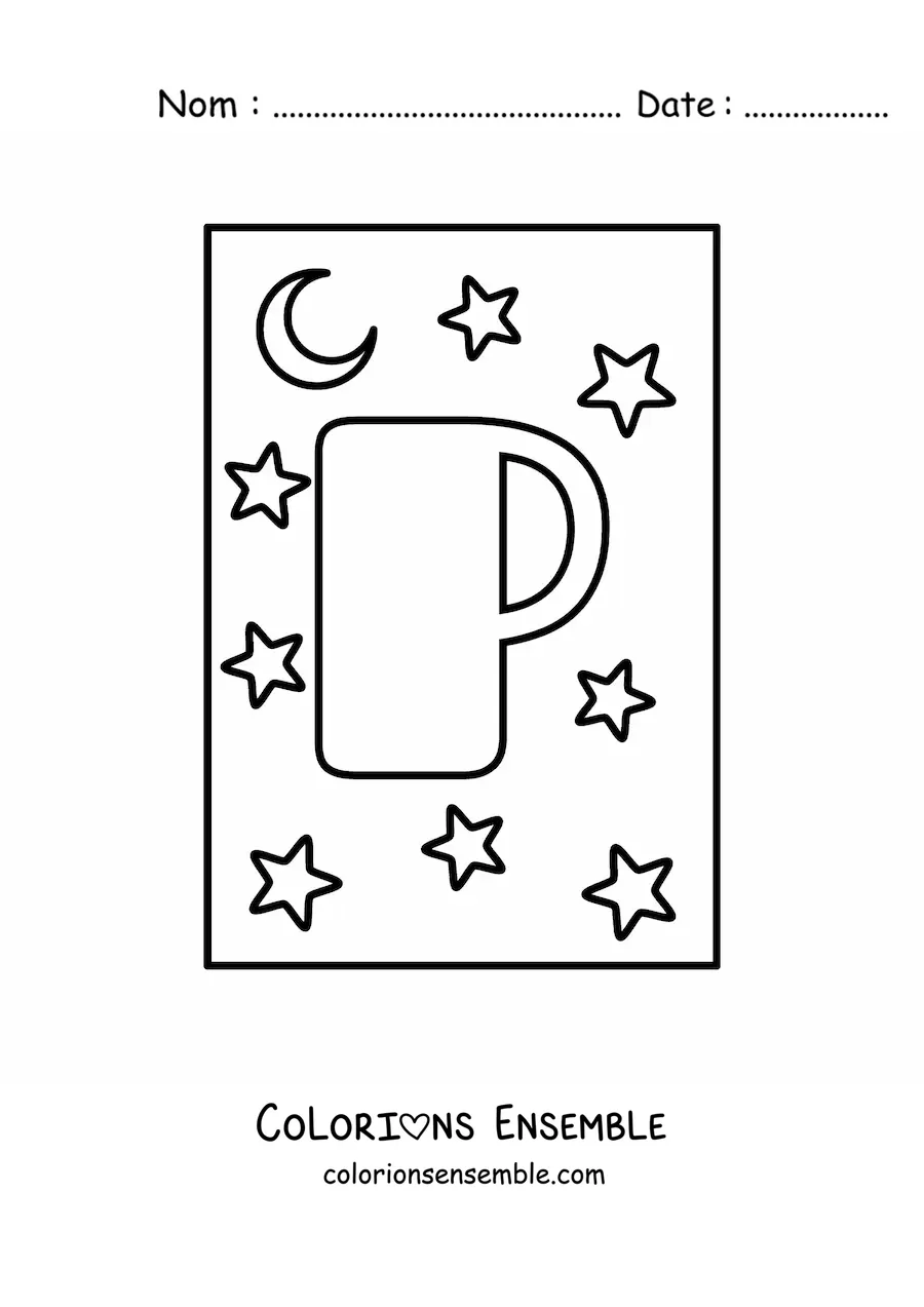 Image à colorier de la lettre P majuscule avec des étoiles et une lune