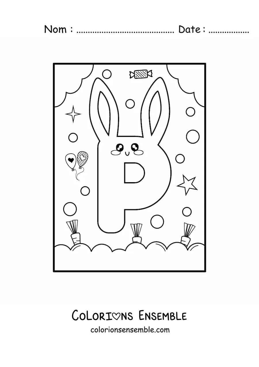 Image à colorier de la lettre P en forme de lapin kawaii animé