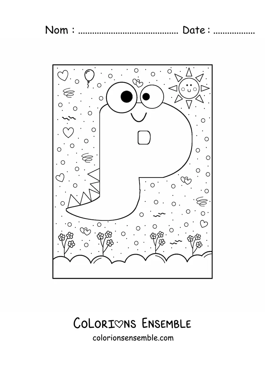 Image à colorier de la lettre P animée en forme de monstre de dessin animé