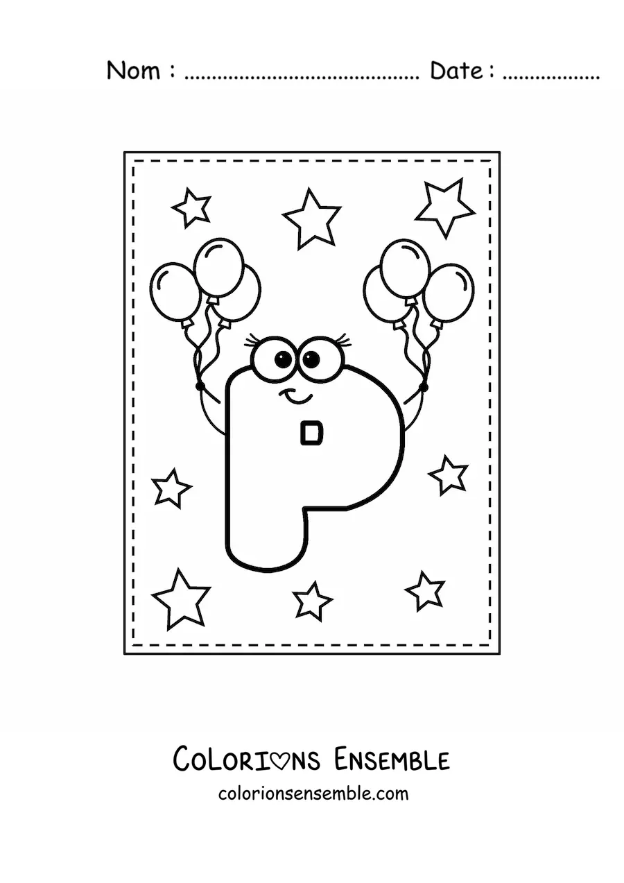 Image à colorier de la lettre P majuscule animée avec des ballons