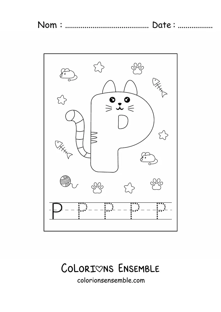 Image à colorier de la lettre P animée en forme de chat
