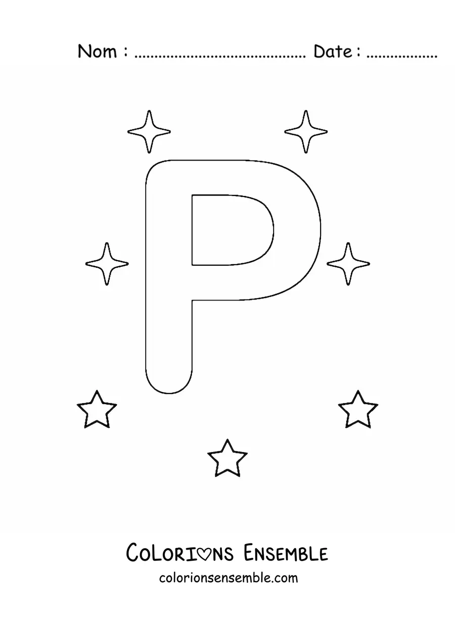 Image à colorier de la lettre P majuscule avec des étoiles