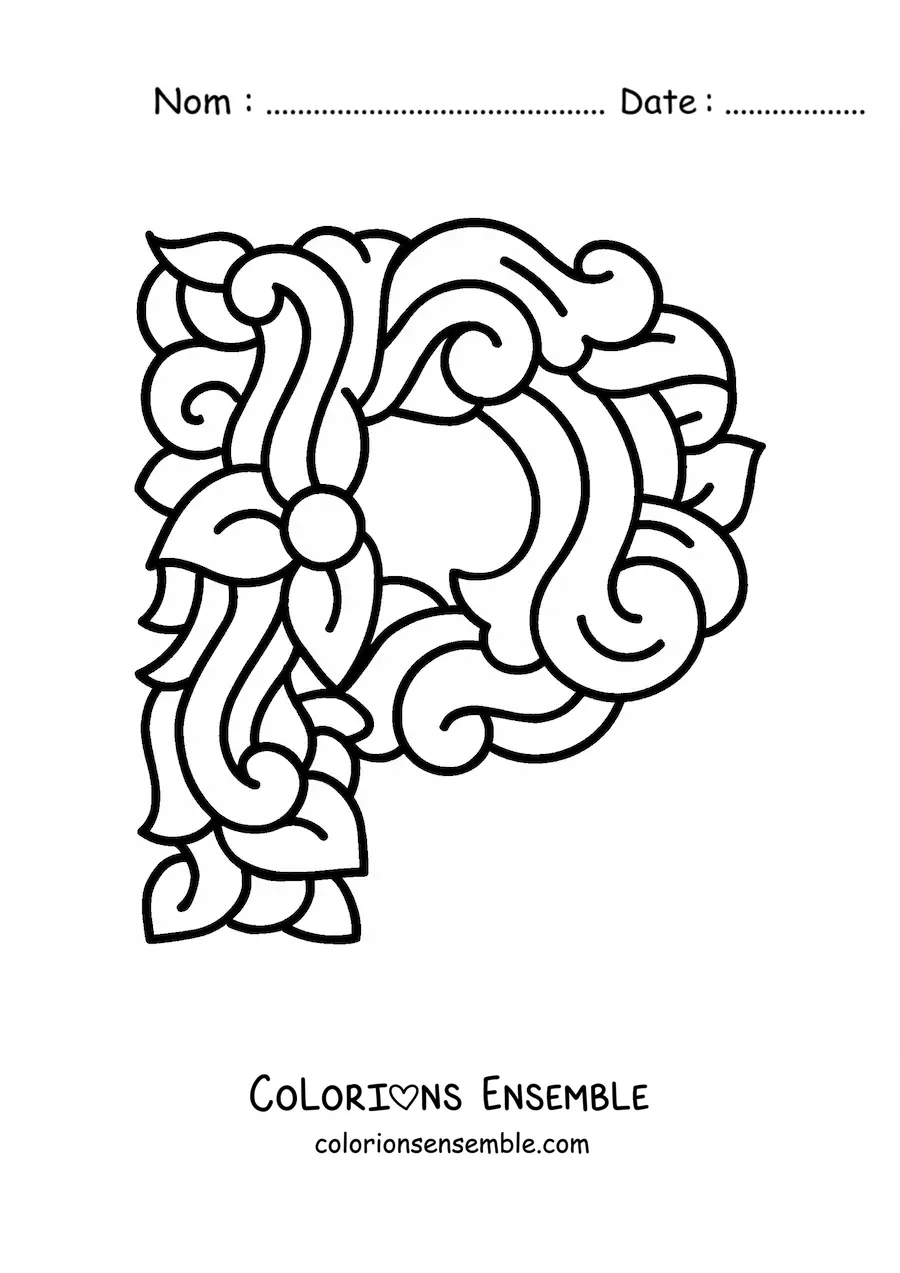 Image à colorier de la lettre P majuscule décorée