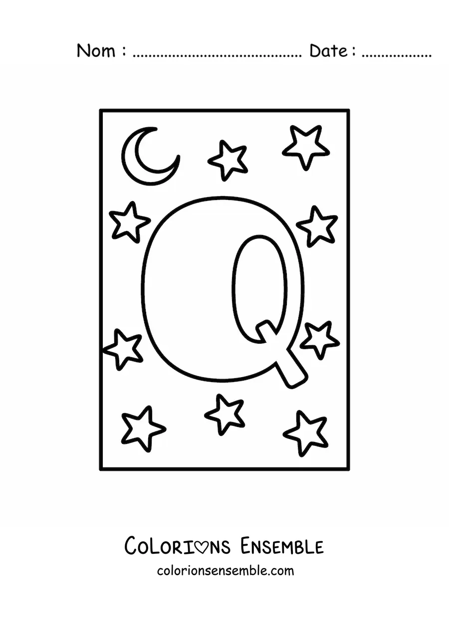 Image à colorier de la lettre Q majuscule avec des étoiles et une lune