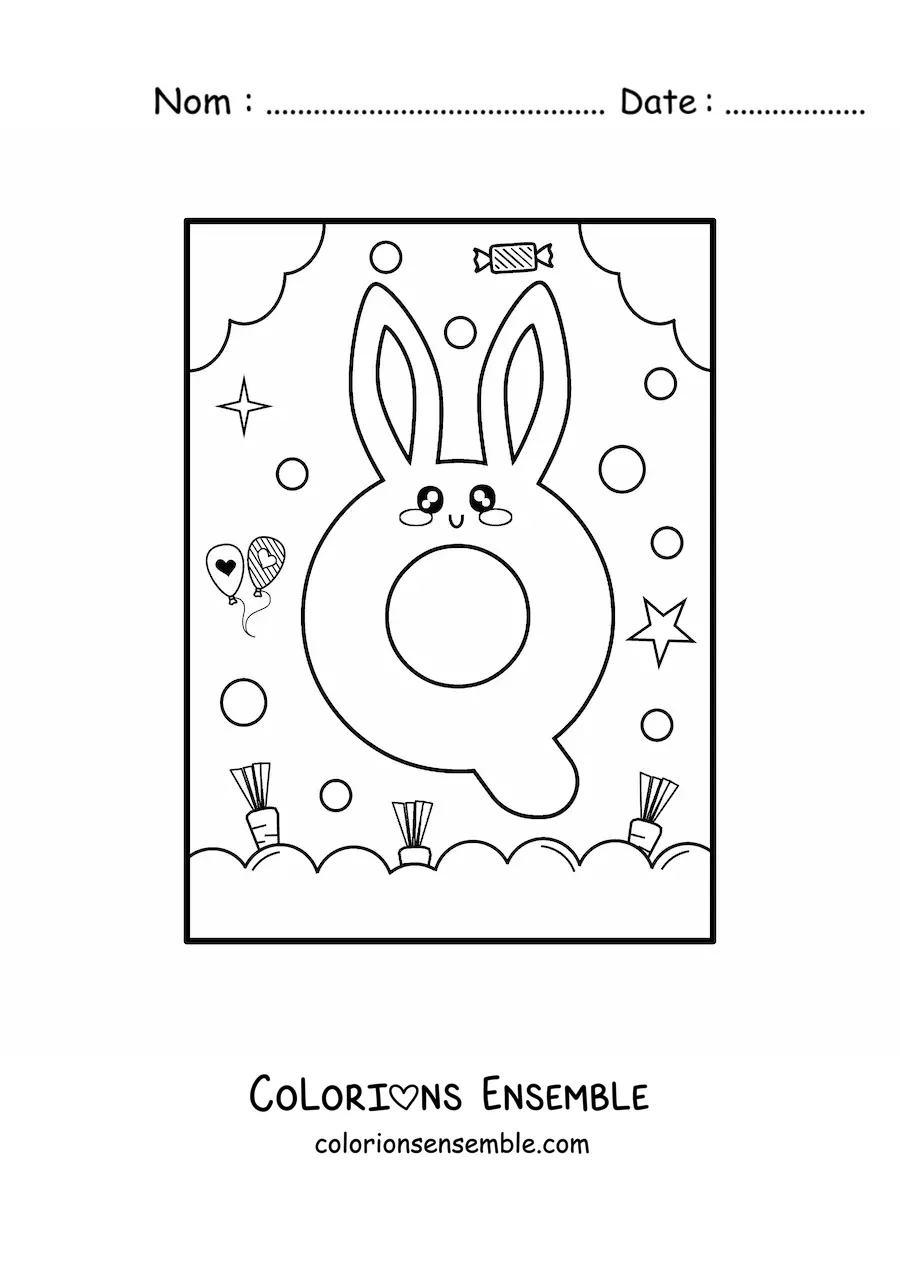 Image à colorier de la lettre Q en forme de lapin kawaii animé