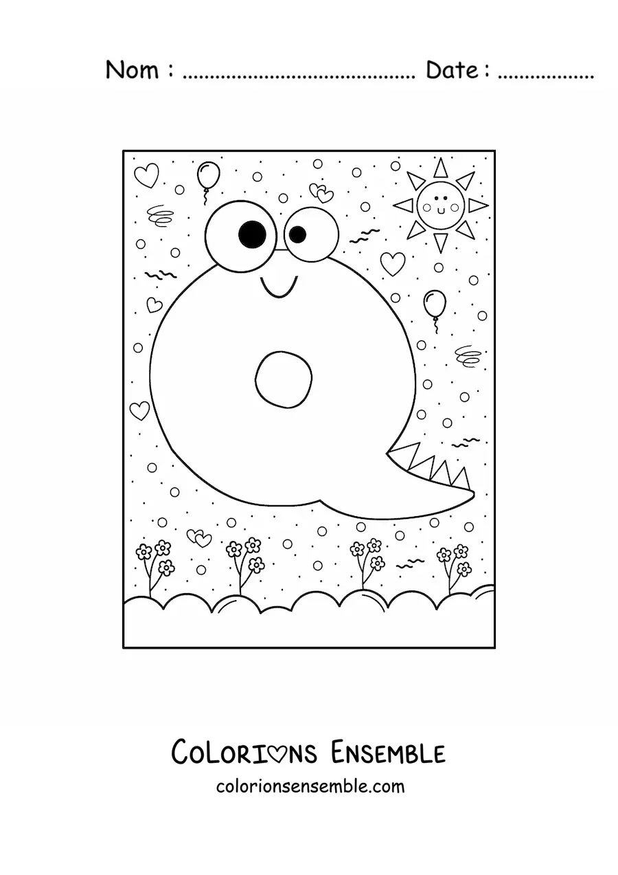 Image à colorier de la lettre Q animée en forme de monstre de dessin animé