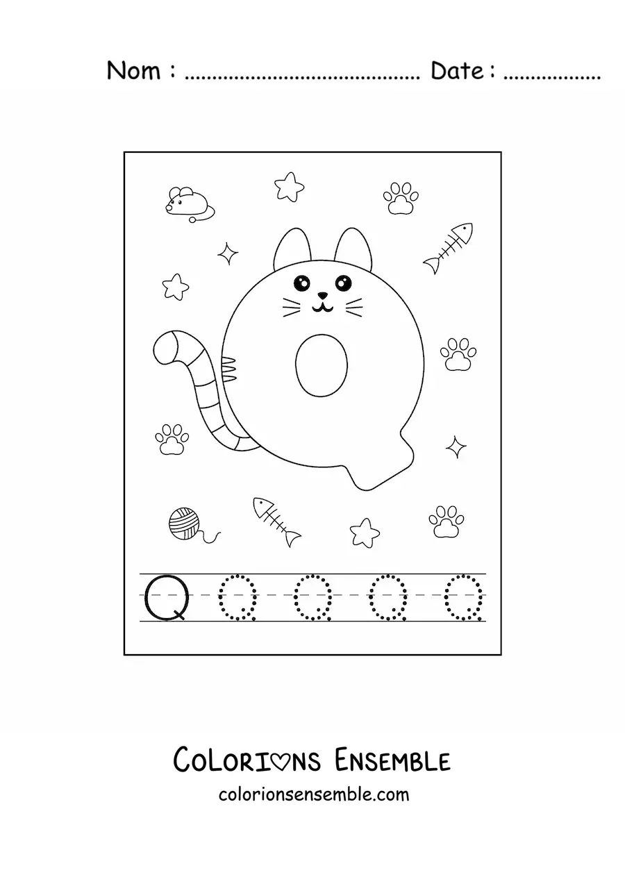 Image à colorier de la lettre Q animée en forme de chat