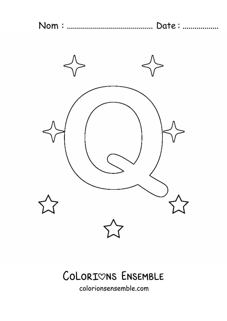 Image à colorier de la lettre Q majuscule avec des étoiles
