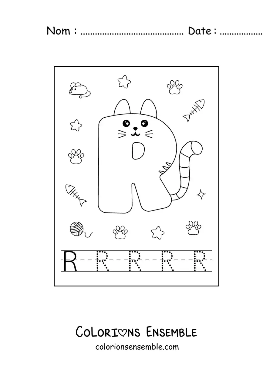 Image à colorier de la lettre R animée en forme de chat