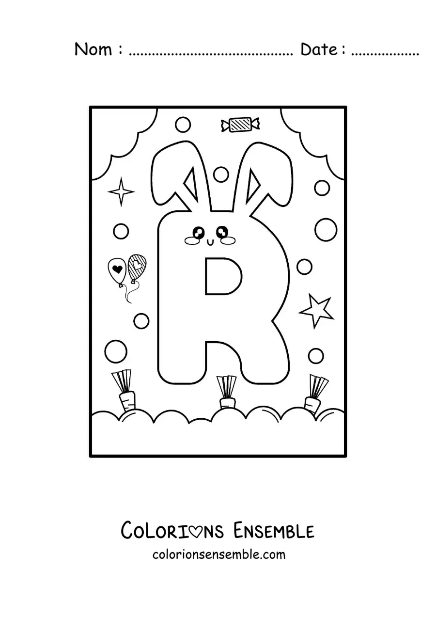 Image à colorier de la lettre R en forme de lapin kawaii animé