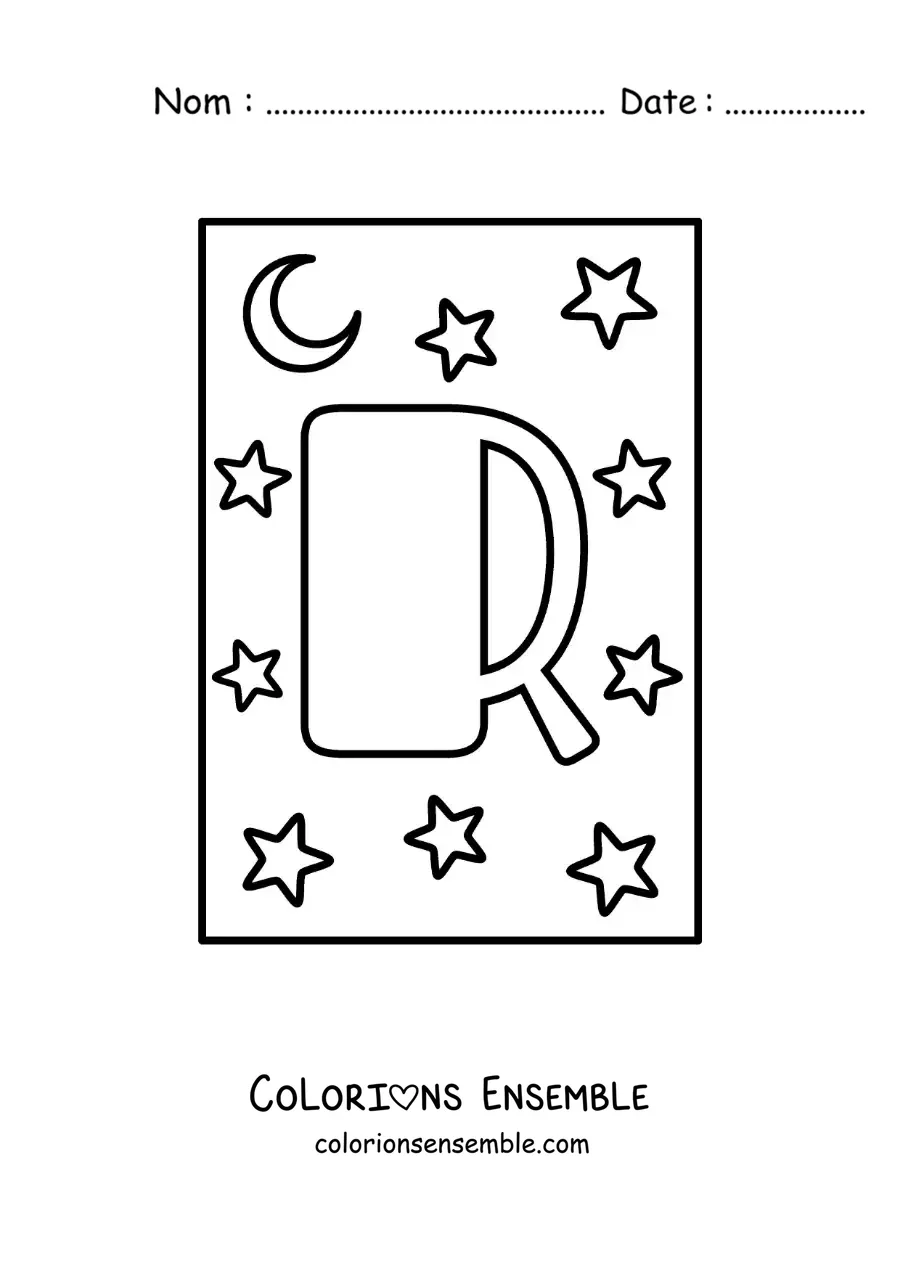 Image à colorier de la lettre R majuscule avec des étoiles et une lune