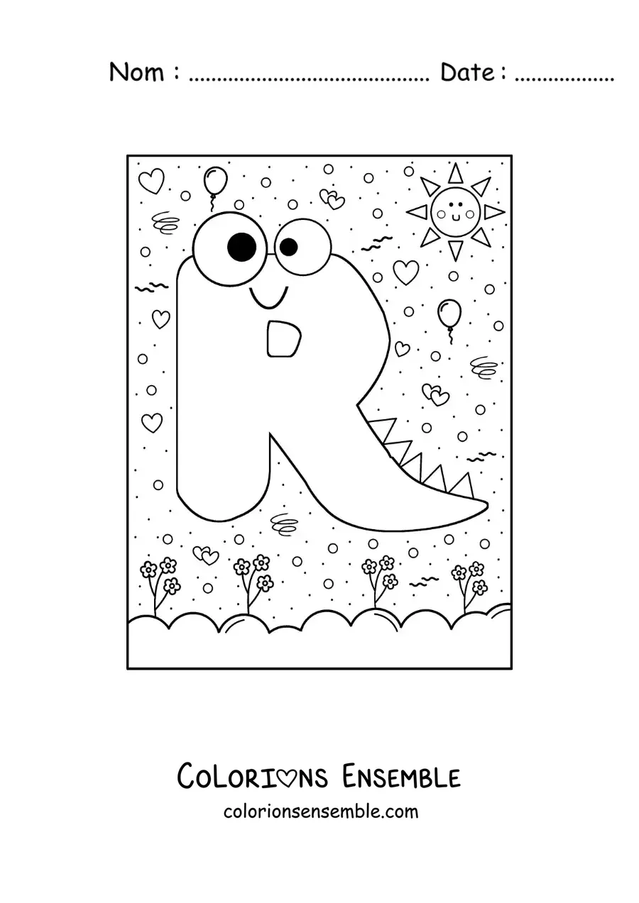 Image à colorier de la lettre R animée en forme de monstre de dessin animé