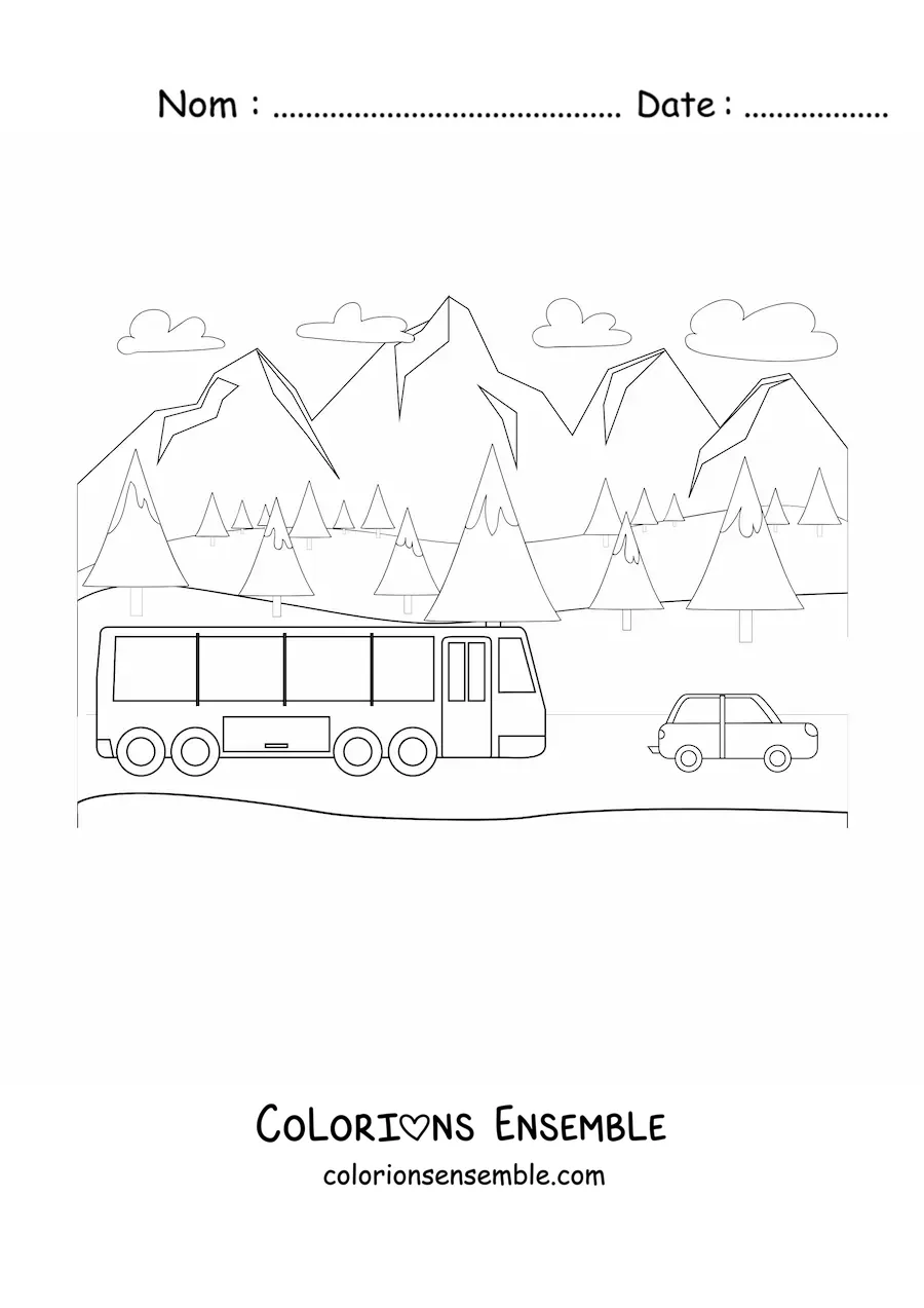 Image à colorier d'un autocar de voyage qui roule à la montagne