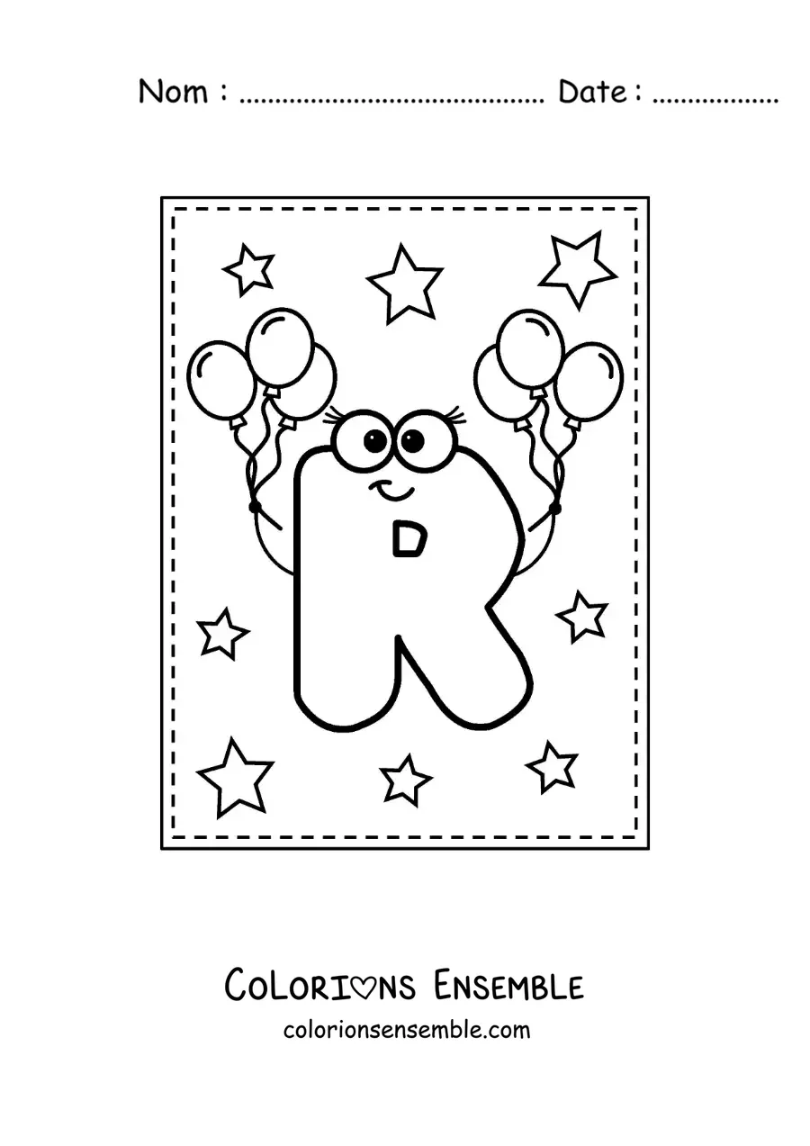 Image à colorier de la lettre R majuscule animée avec des ballons