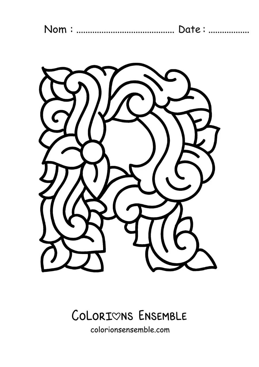 Image à colorier de la lettre R majuscule décorée