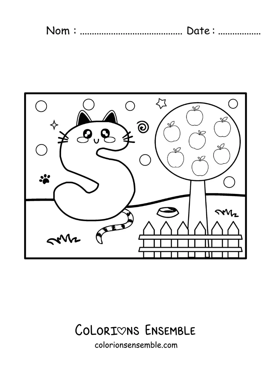Image à colorier de la lettre S animée en forme de chat dans le parc