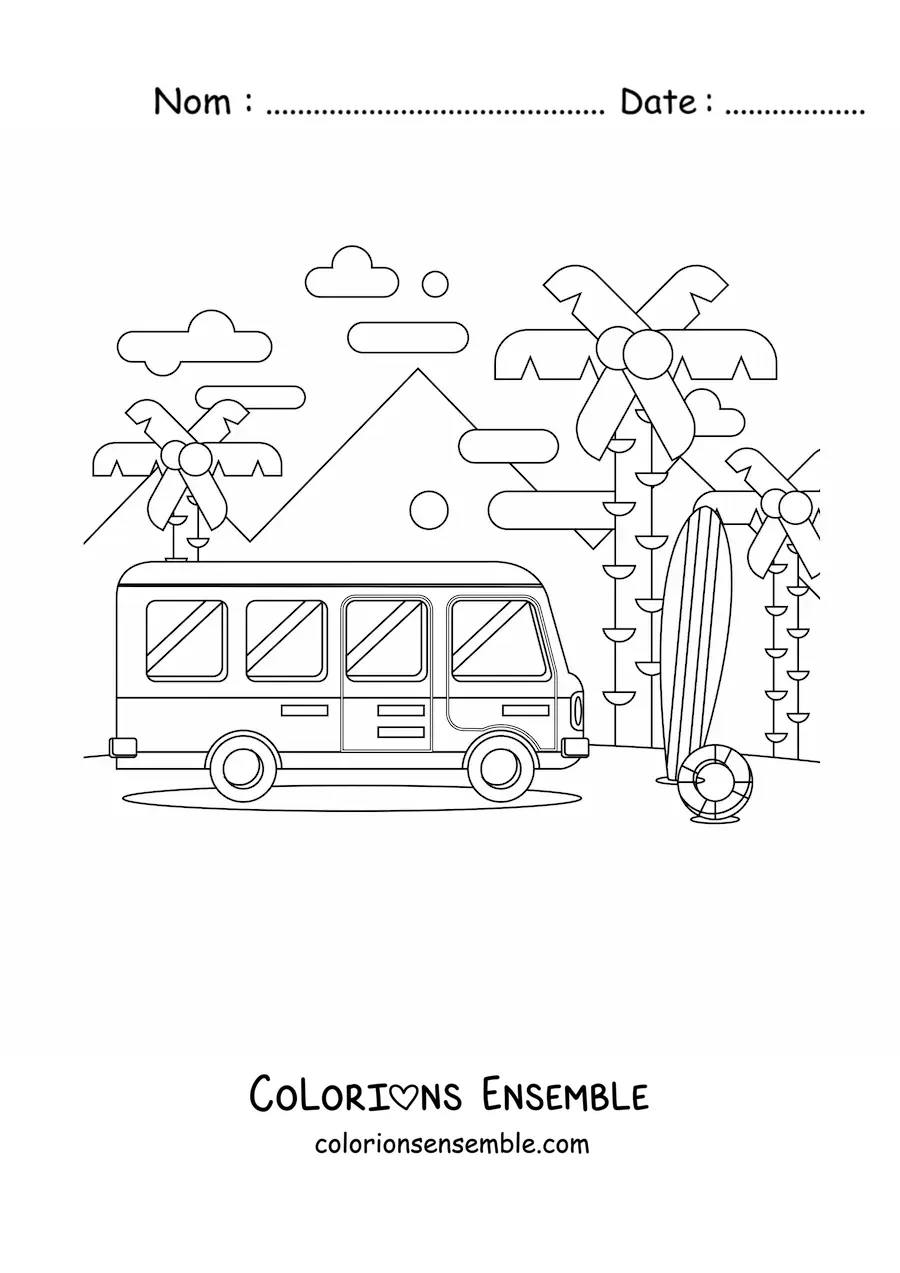 Image à colorier d'un autocar de voyage à la plage