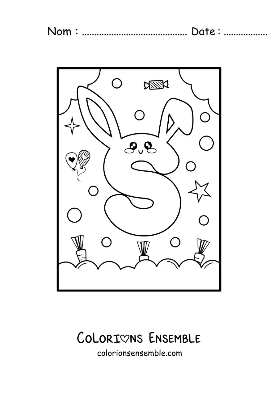 Image à colorier de la lettre S en forme de lapin kawaii animé