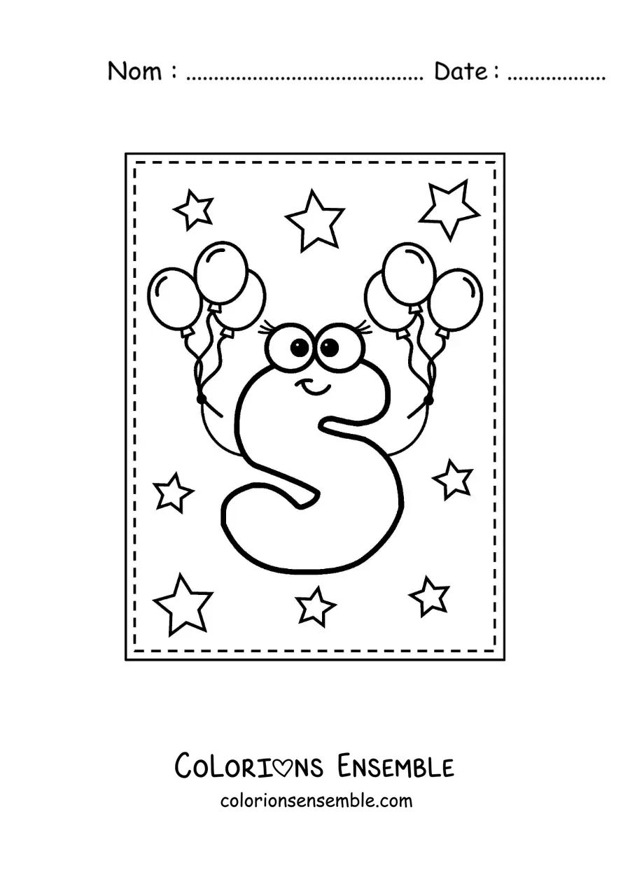 Image à colorier de la lettre S majuscule animée avec des ballons