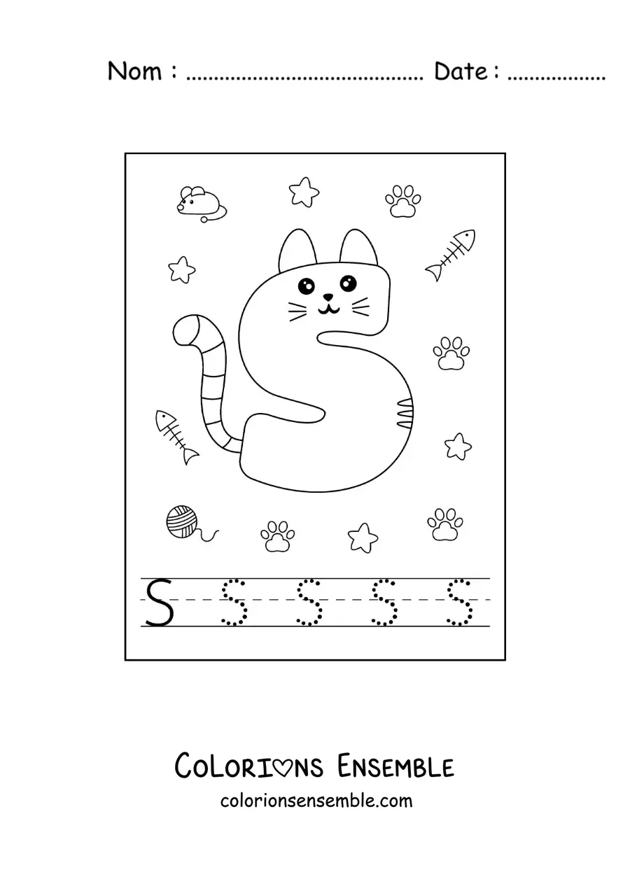 Image à colorier de la lettre S animée en forme de chat