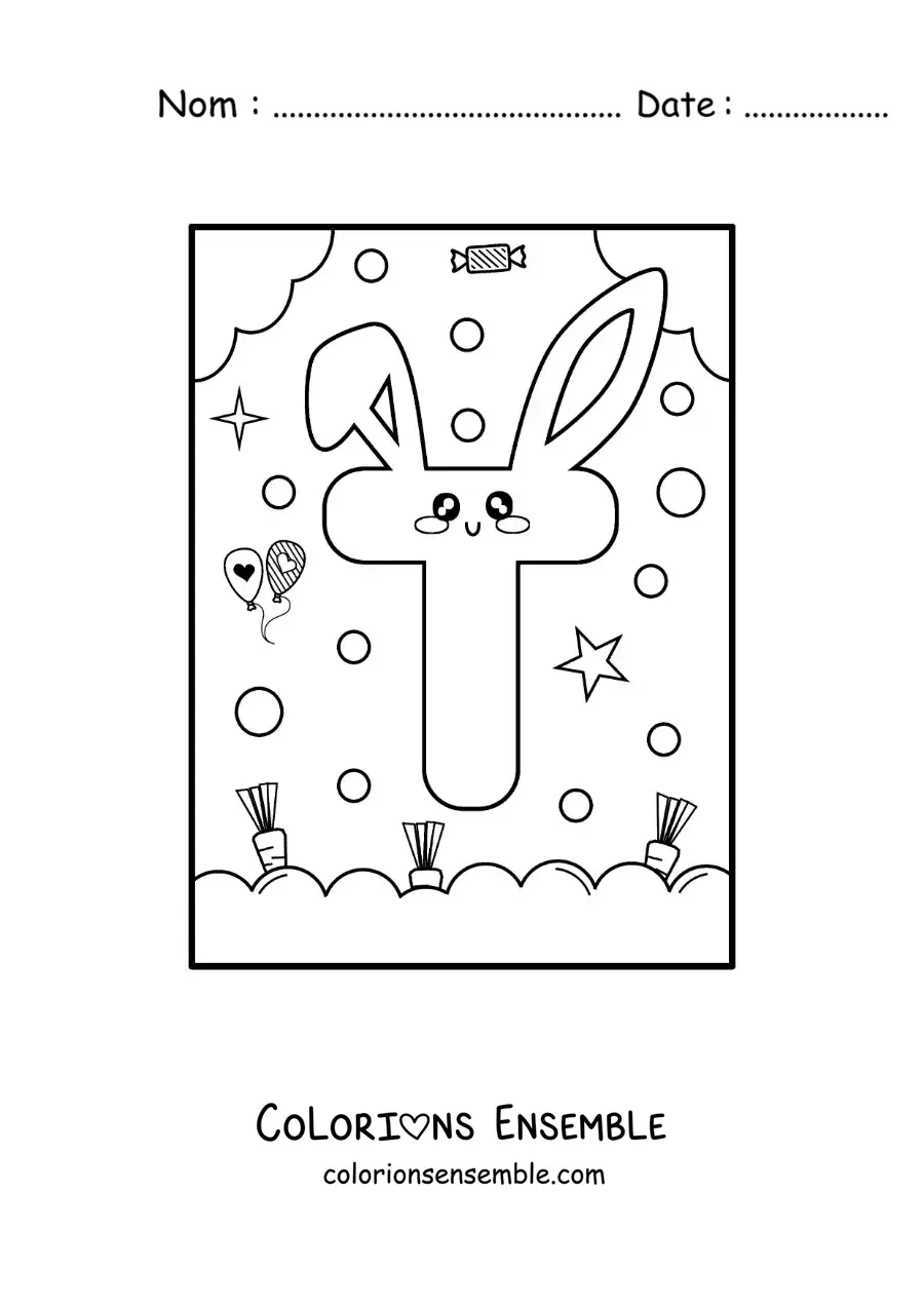 Image à colorier de la lettre T en forme de lapin kawaii animé