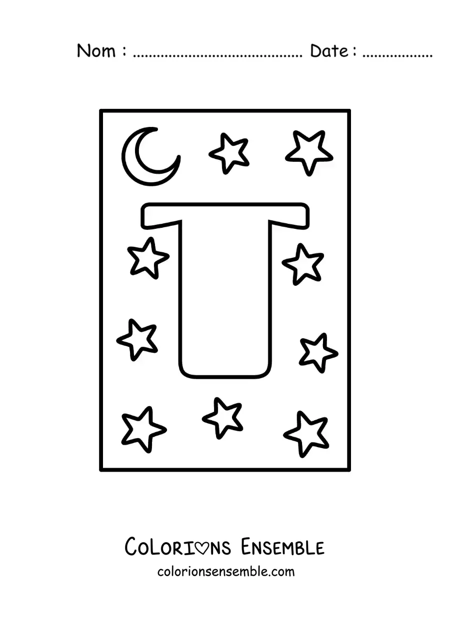 Image à colorier de la lettre T majuscule avec des étoiles et une lune