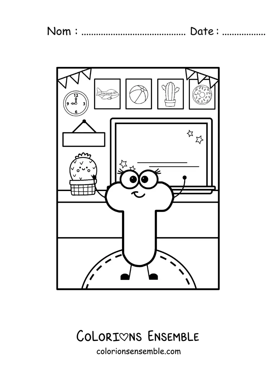 Image à colorier de la lettre T animée à l'école