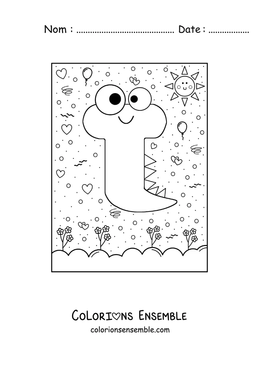 Image à colorier de la lettre T animée en forme de monstre de dessin animé