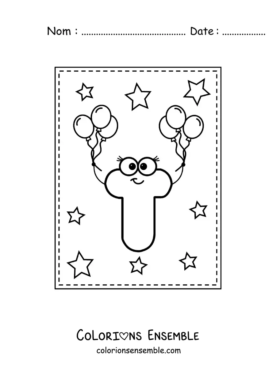 Image à colorier de la lettre T majuscule animée avec des ballons