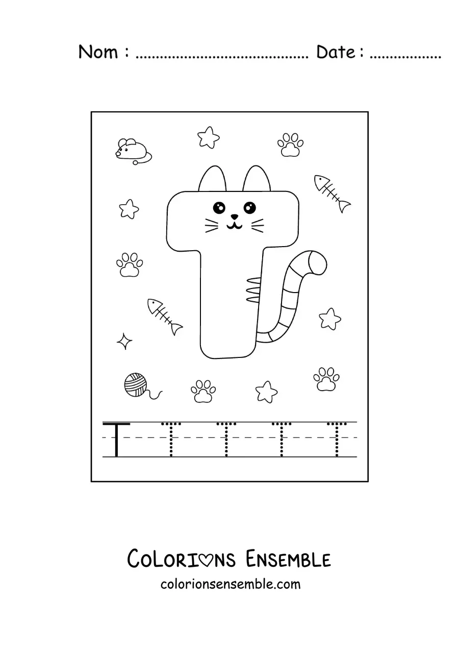 Image à colorier de la lettre T animée en forme de chat